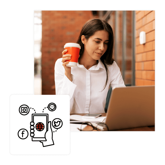 woman holding coffee cup reading social media marketing posts